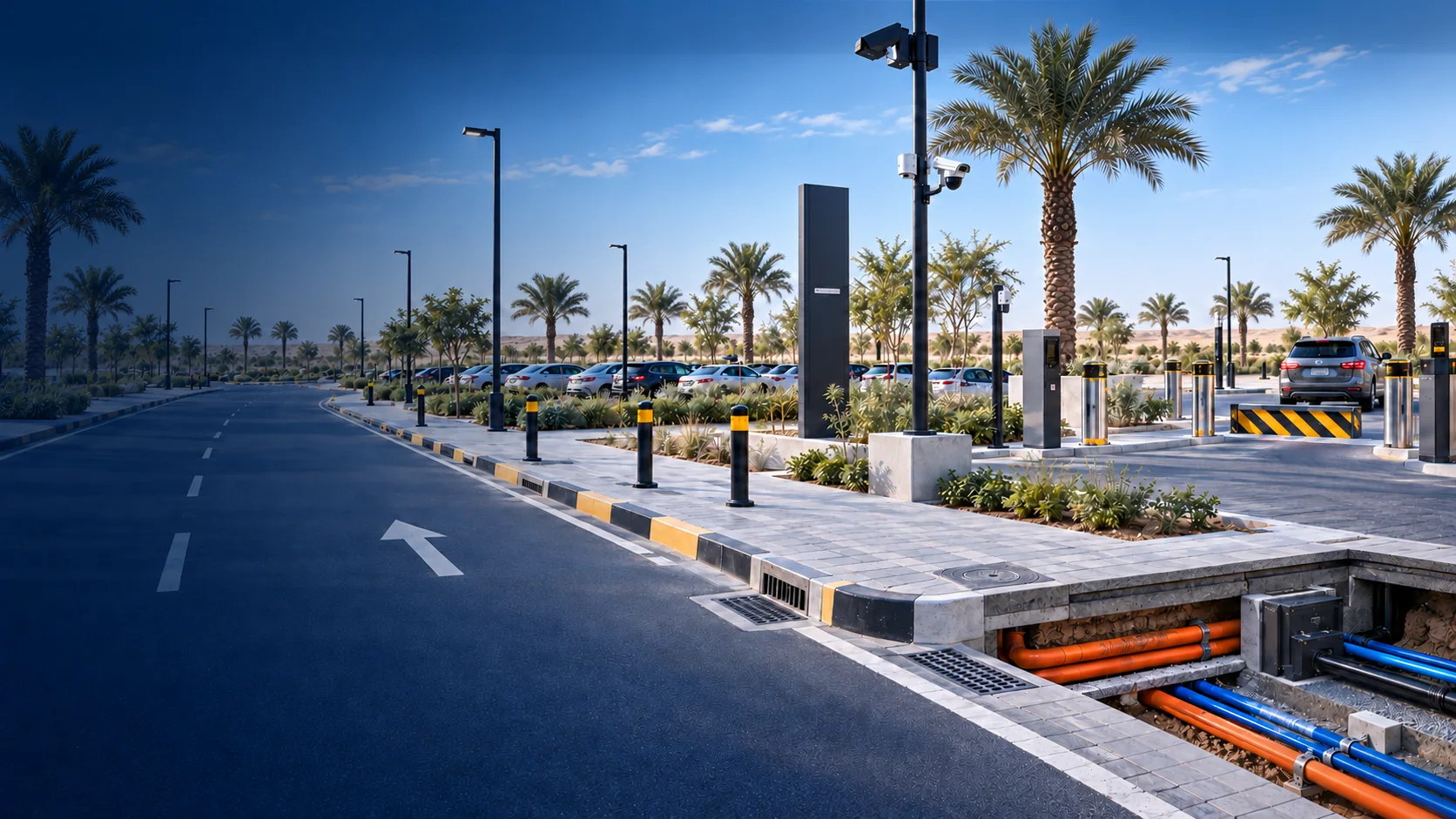 Smart parking entry with barriers, bollards, CCTV and exposed duct routes under the pavement