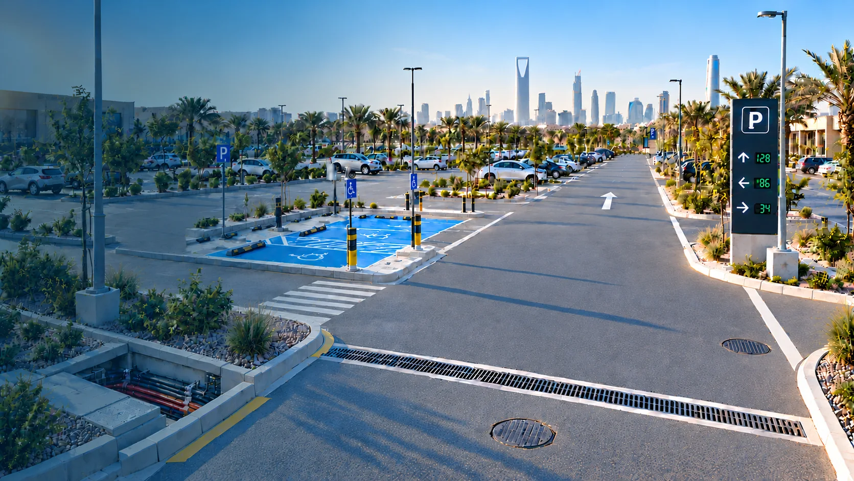Off-street smart parking with guidance signage, accessible bays and underground duct routes