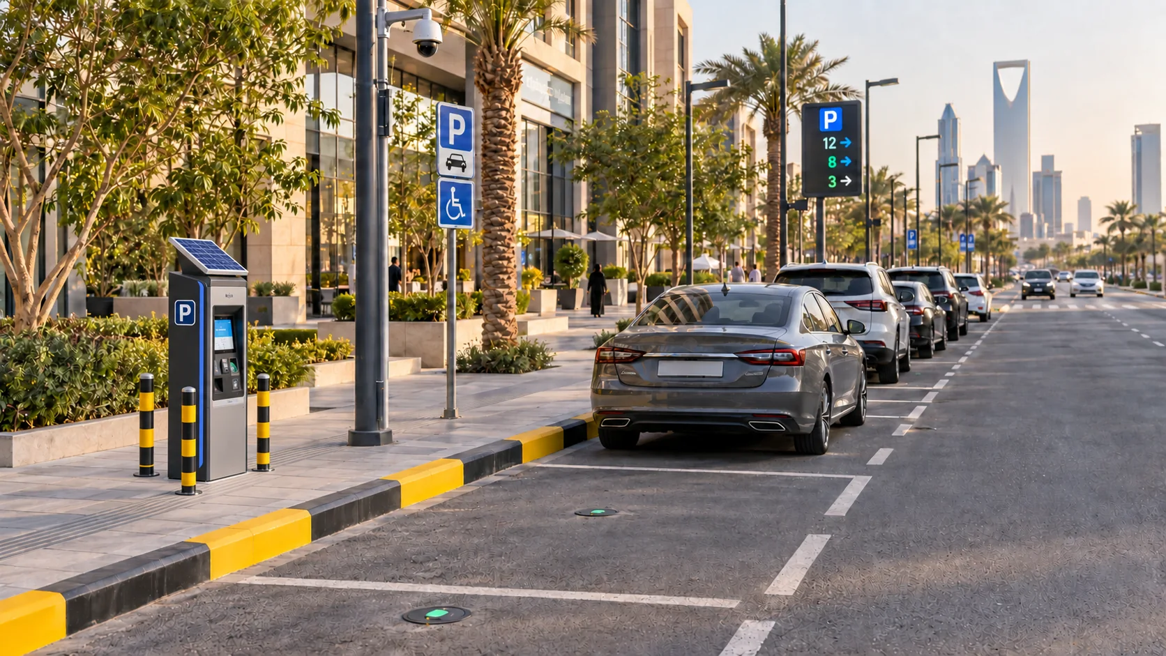 On-street smart parking with kerbside sensors, payment kiosk and guidance display